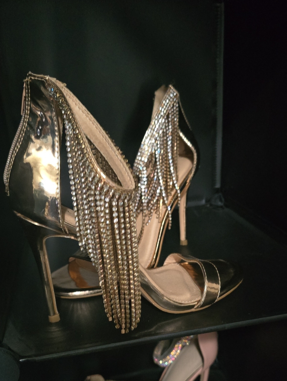 Gold Fringe Crystal Chain High Heel Sandals - Women's Evening Shoes